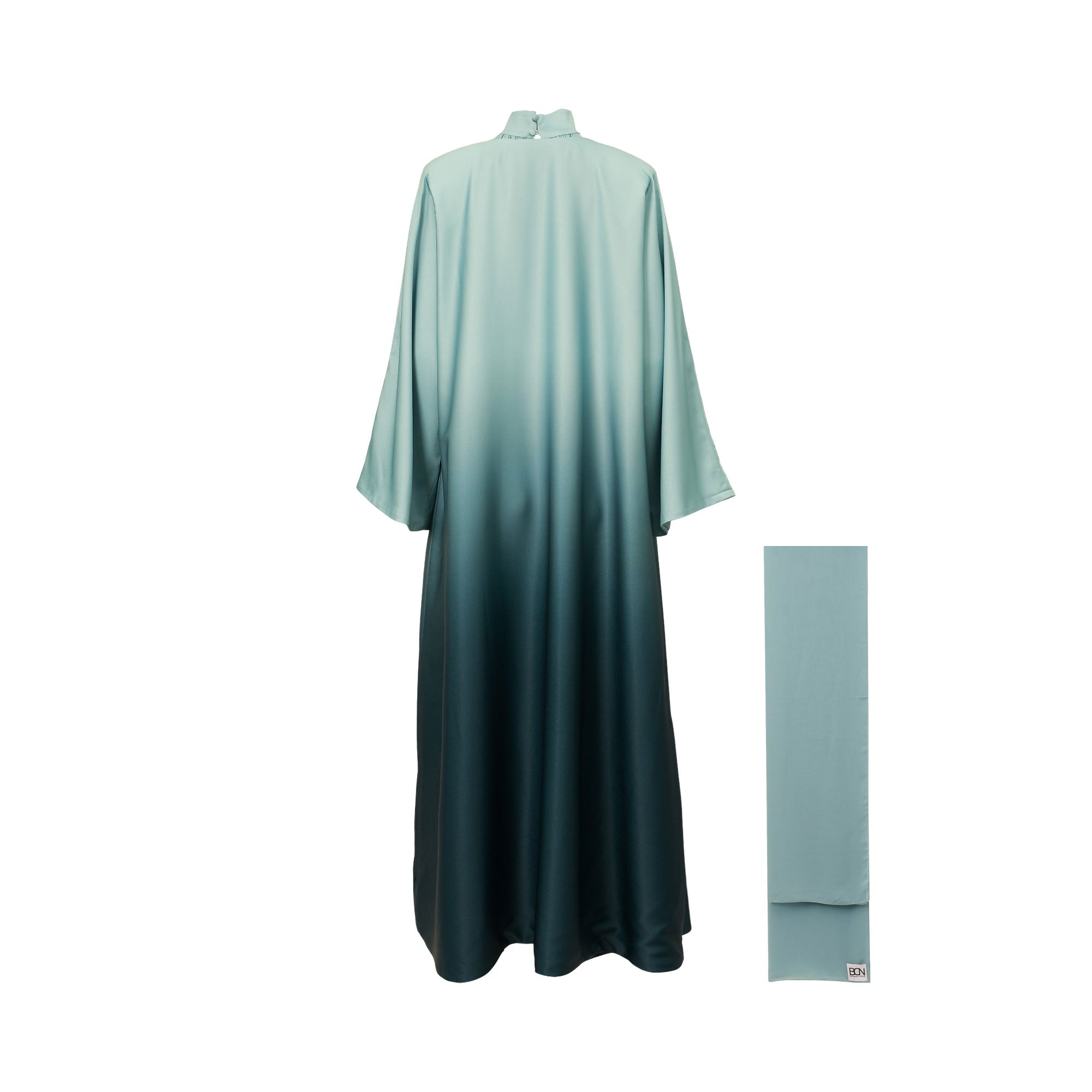 Ombre green abaya with a high collar and wide sleeves, transitioning from light mint to dark teal. Includes a matching light