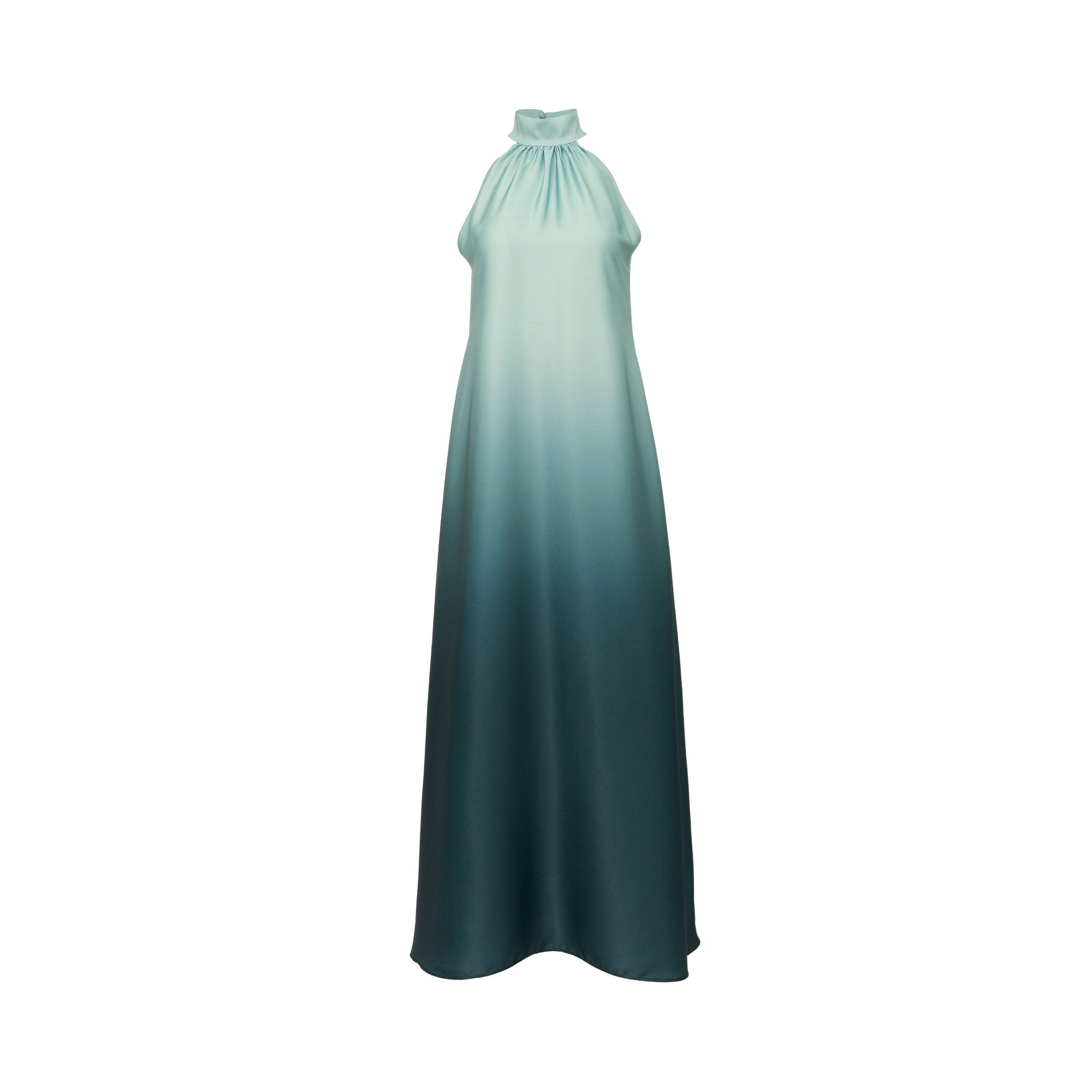 Ombre green sleeveless abaya with a gathered mock-neck collar. Color fades from light mint green to dark teal.