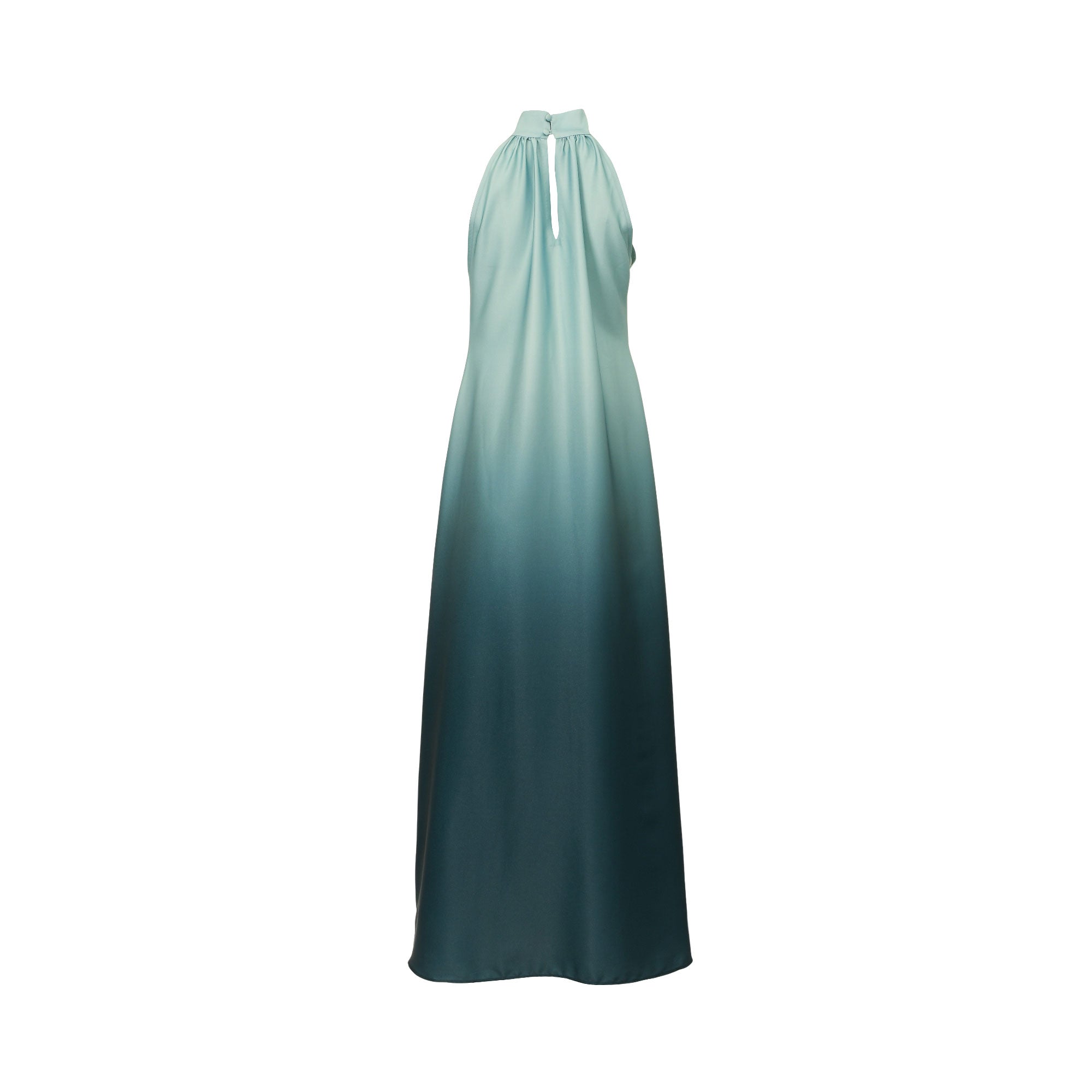 Floor-length ombre green abaya, transitioning from light to dark, with a high halter neck, keyhole cutout, and back button cl