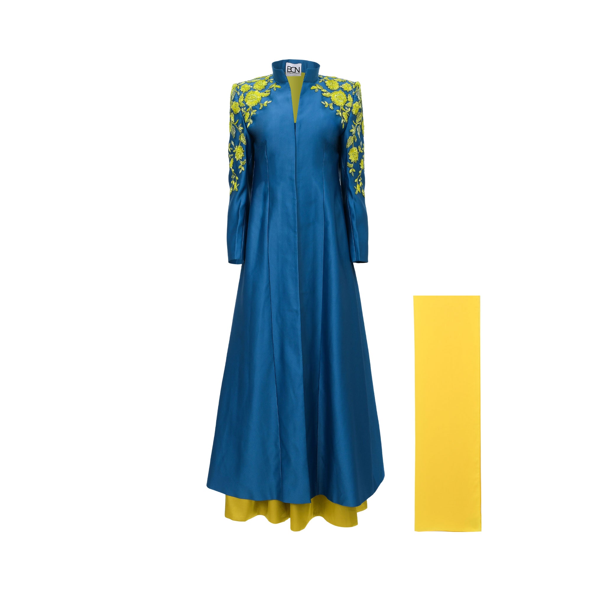 Teal kaftan with yellow floral embroidery on shoulders and sleeves, layered over a yellow undergarment, with a matching yello