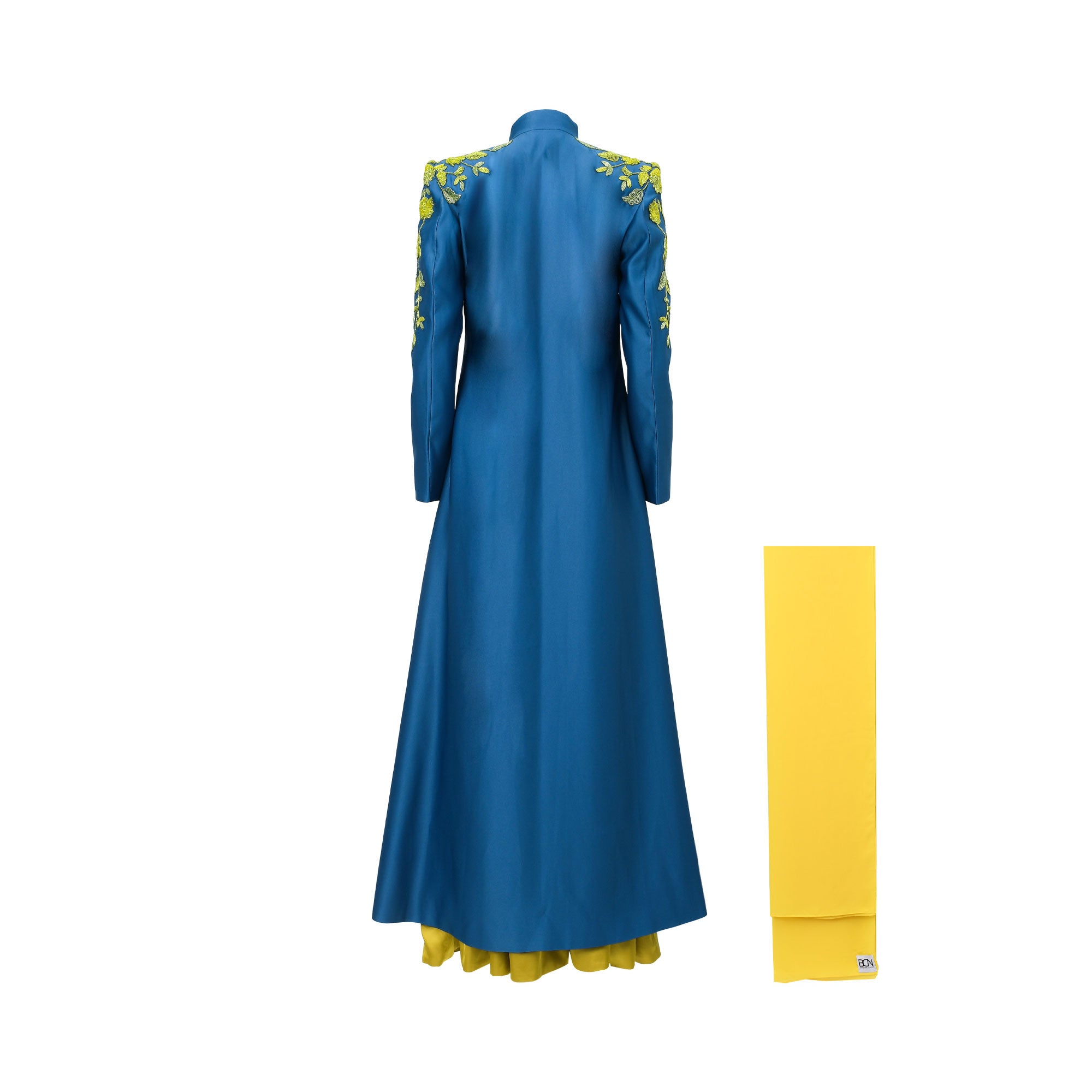 Teal blue long kaftan with a high collar, long sleeves, and yellow floral embroidery on shoulders and upper sleeves. Yellow r