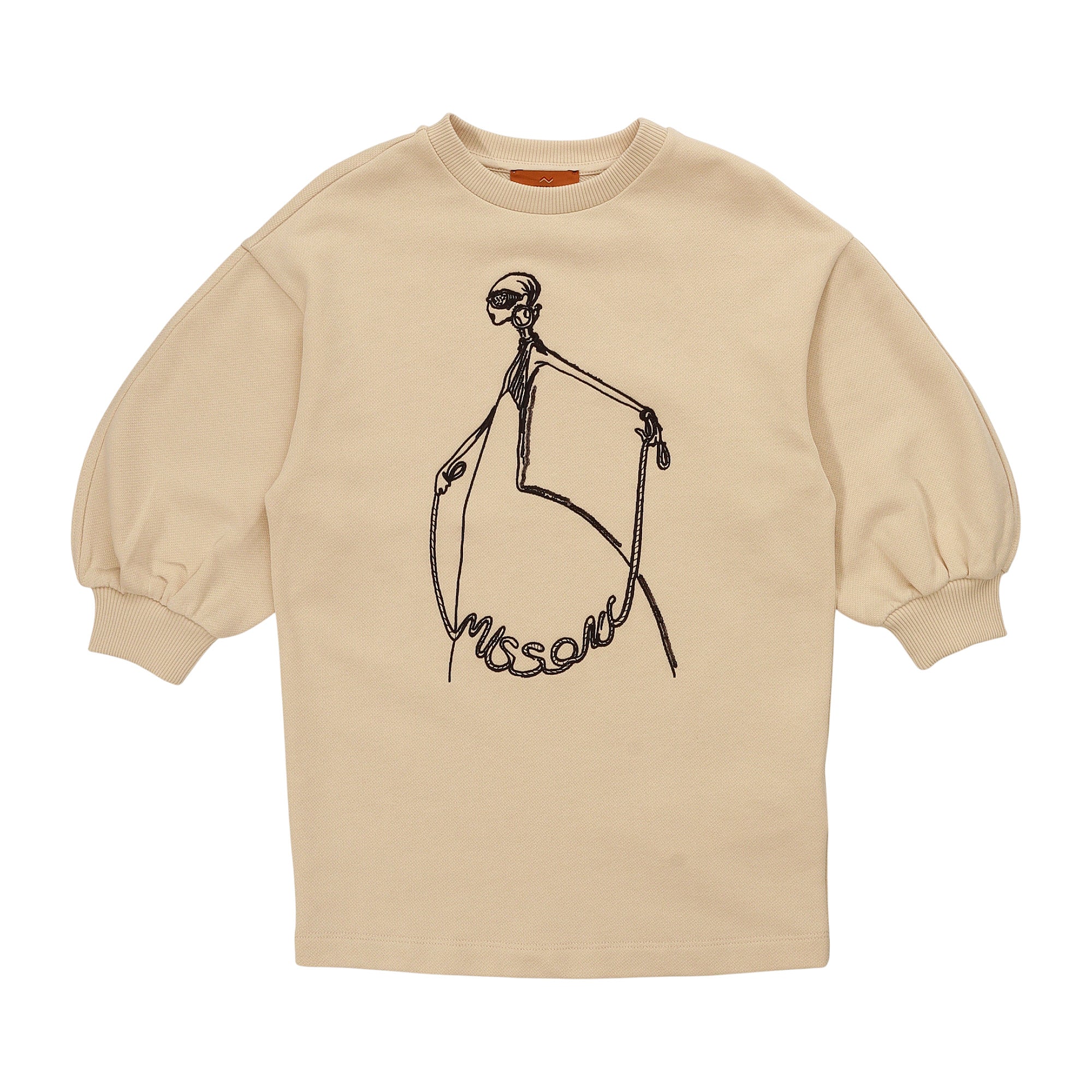 Beige long sleeve knit dress with puffed sleeves, ribbed cuffs, and a black line-art graphic illustration on the front.