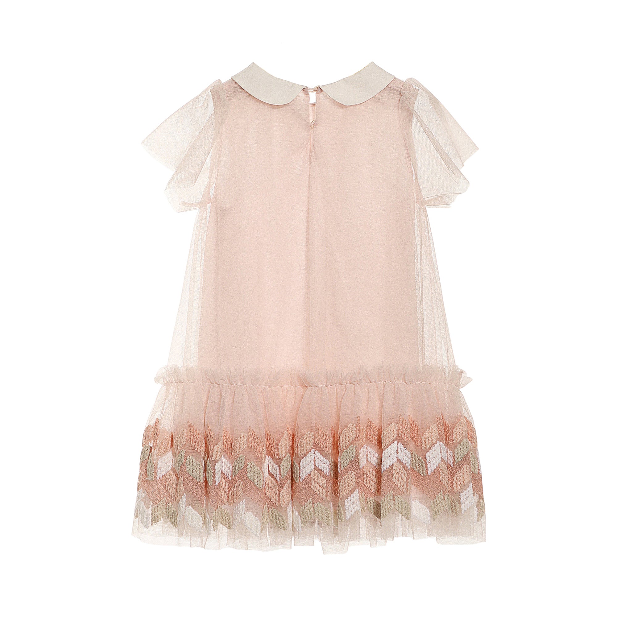 Pink tulle dress with a white Peter Pan collar, short flutter sleeves, and a gathered hem with pink, white, and green chevron