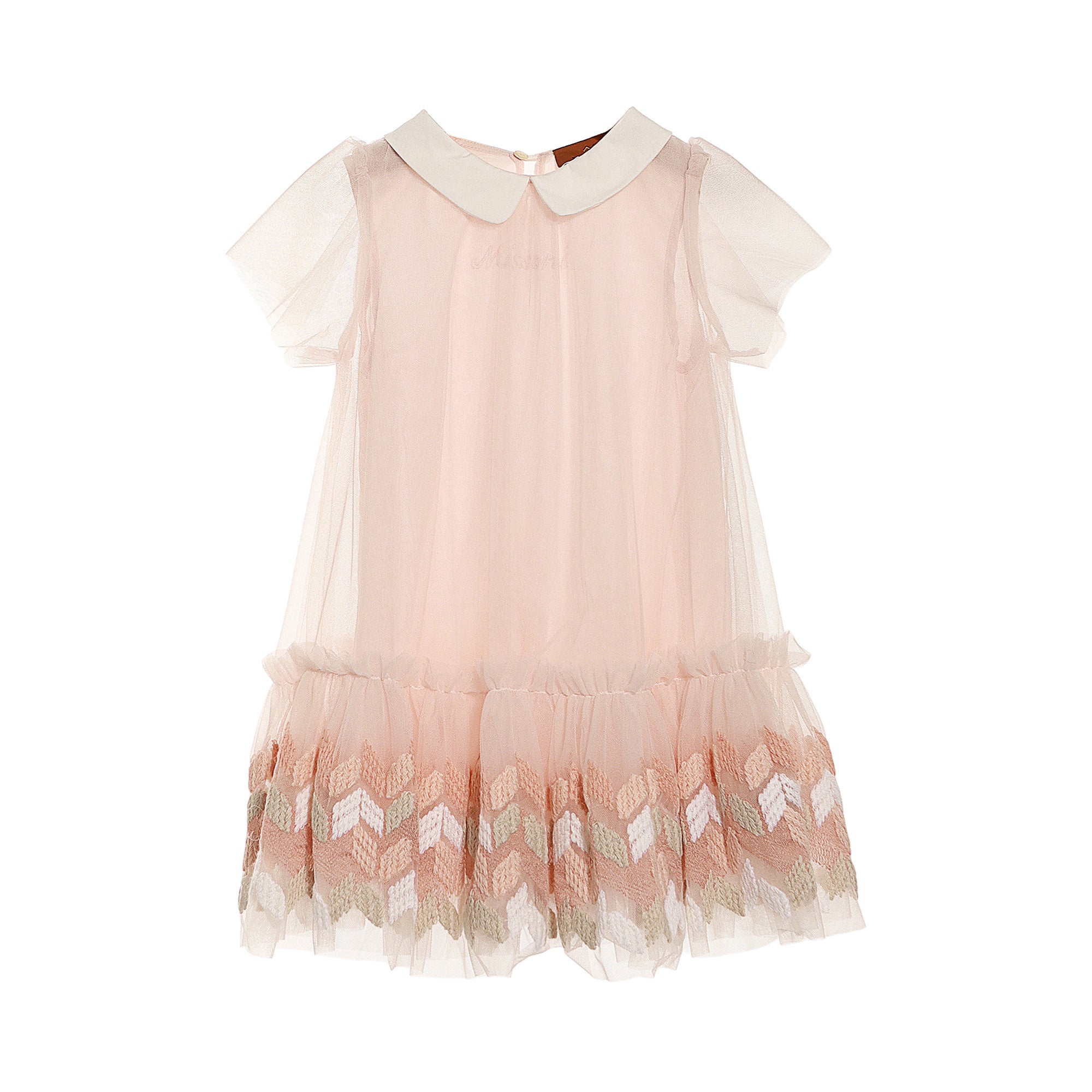 Light pink sheer tulle dress with white Peter Pan collar, short sleeves, and multi-coloured chevron embroidery on the hem.