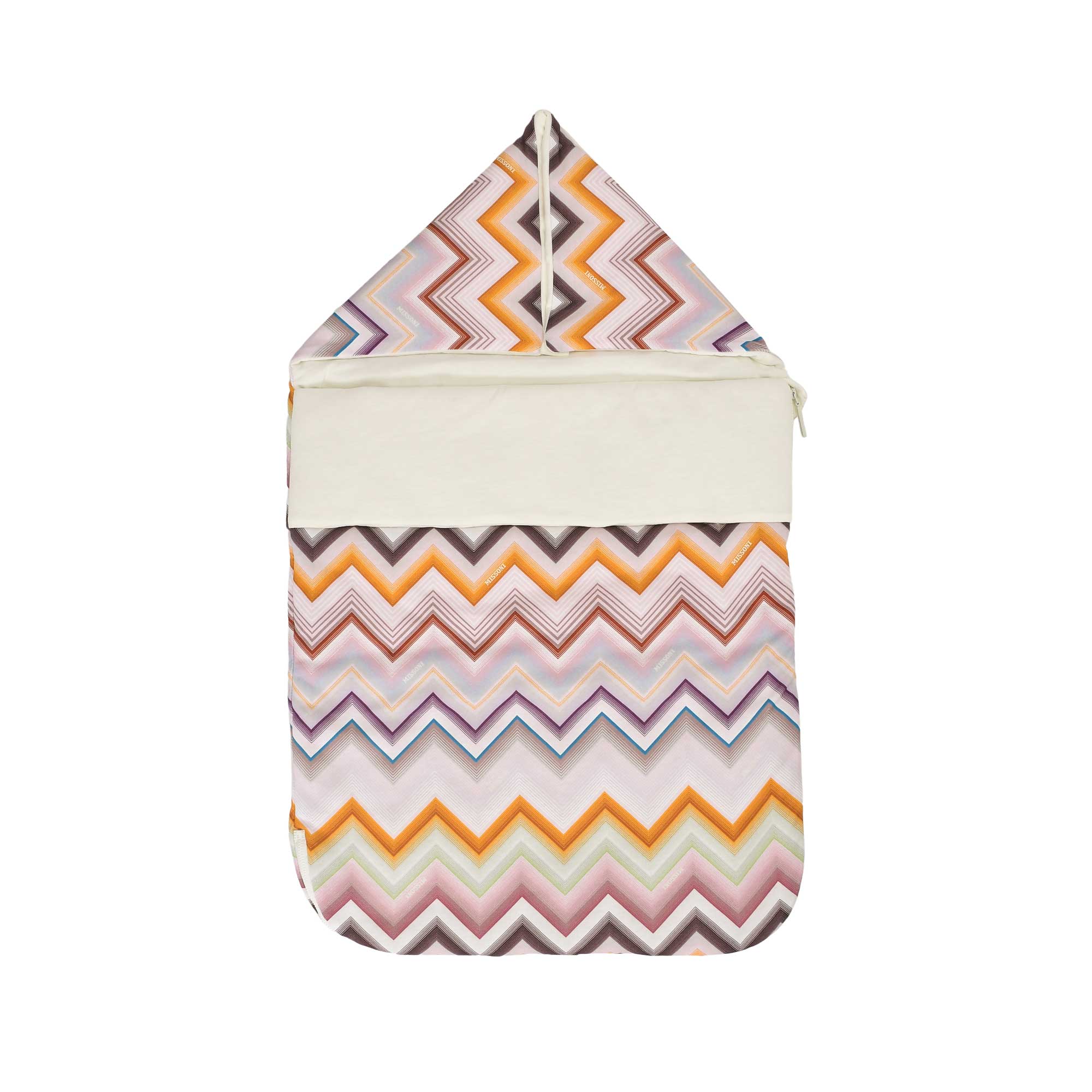 Missoni Kids baby nest in a multicoloured zigzag pattern with shades of orange, purple, pink, and brown, and a cream upper ba
