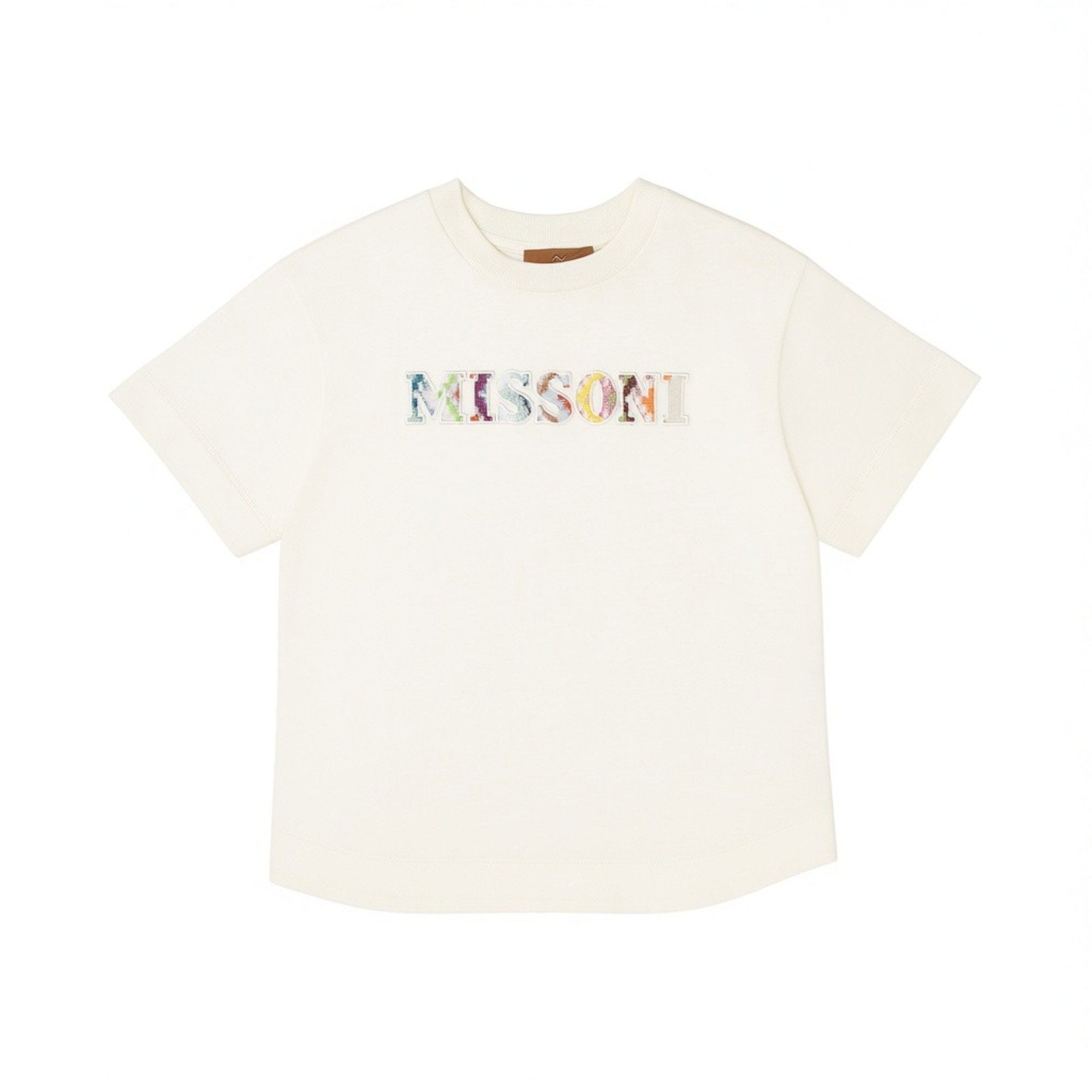Ivory Missoni Kids short-sleeved T-shirt with a colourful patterned "MISSONI" logo on the chest.