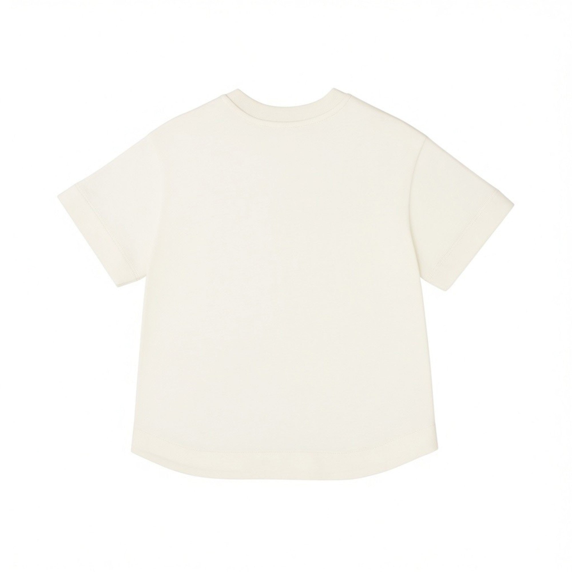 Ivory short-sleeved t-shirt with a ribbed crew neck and a curved hem.