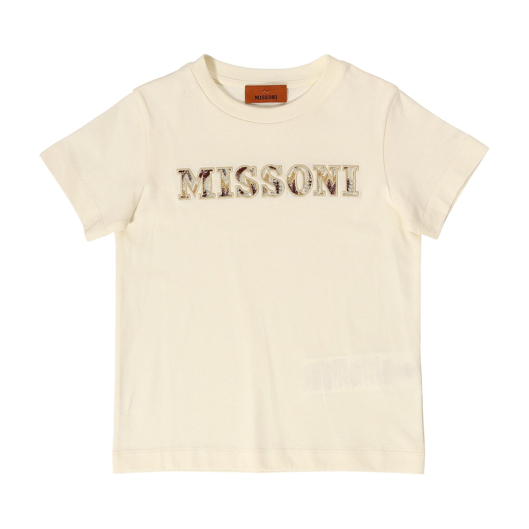 Ivory Missoni Kids short-sleeved T-shirt with a ribbed texture and a large patterned 'MISSONI' logo on the chest.