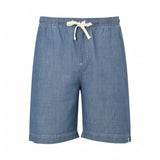 Medium chambray shorts with an elasticated waist, cream drawstring bow, and white contrast stitching.