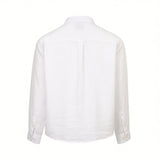 Off-white long-sleeved shirt, back view. Features a back yoke, two pleats, and buttoned cuffs with light yellow buttons.