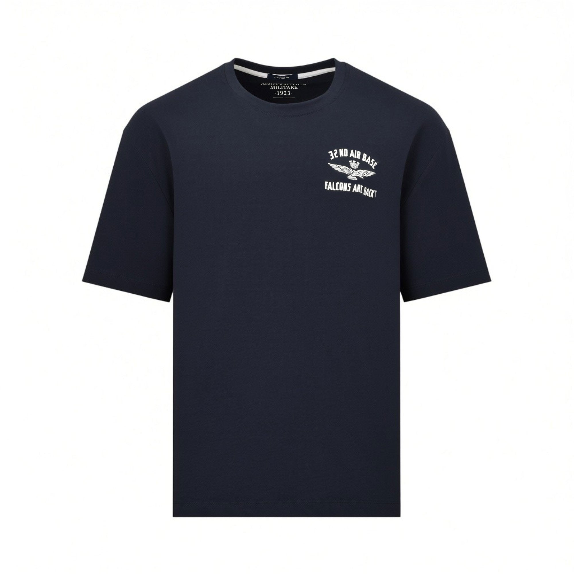 Navy blue short-sleeved t-shirt with white '32 ND AIR BASE' winged emblem and 'FALCONS ARE BACK!' graphic on left chest.