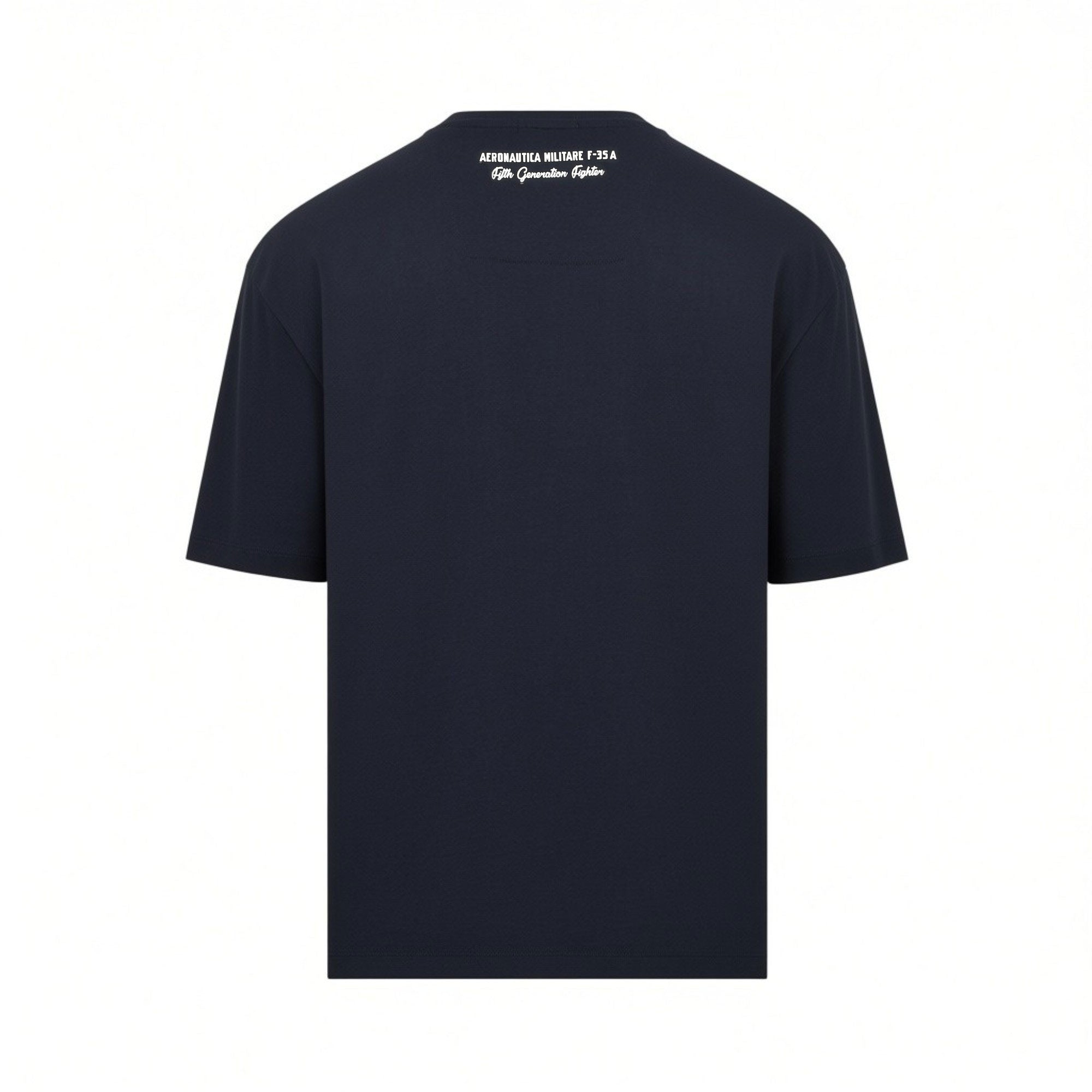 Navy blue short-sleeved t-shirt with a crew neck. White text on the upper back reads 'AERONAUTICA MILITARE F-35 A Fifth Gener
