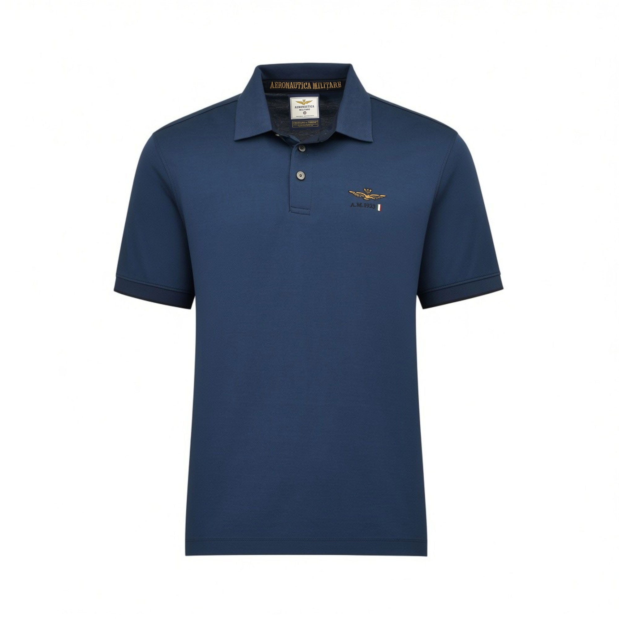 Dark blue short-sleeved polo shirt with a two-button placket. Gold-toned winged emblem on chest. Inner collar reads 'AERONAUT