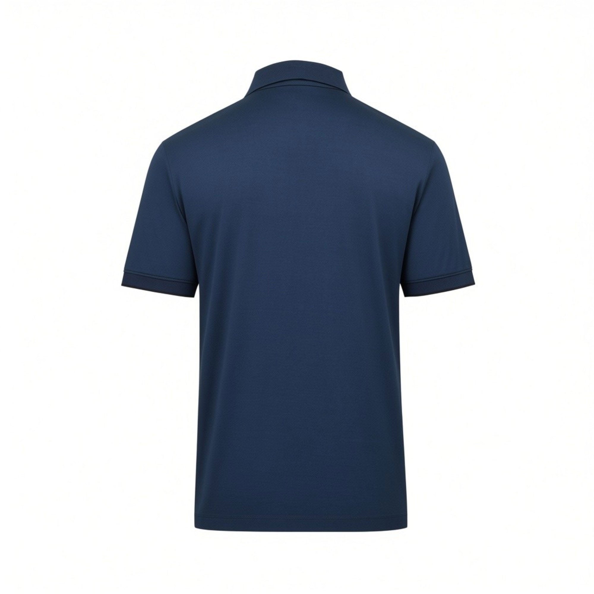 Dark blue pique knit short-sleeve polo shirt with a ribbed collar and ribbed cuffs.