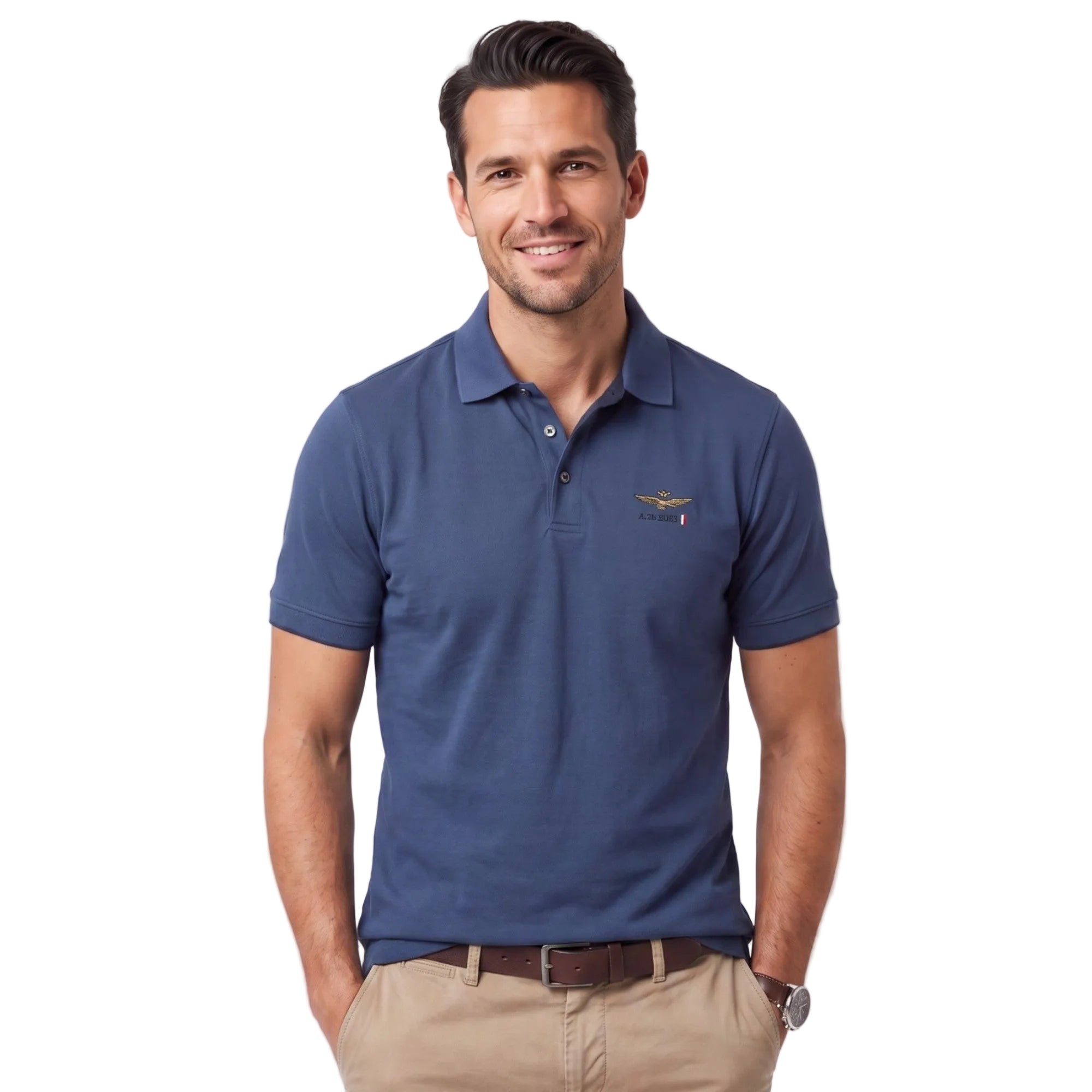 Navy blue short-sleeved polo shirt with a ribbed collar, two-button placket, and an embroidered winged emblem on the chest.