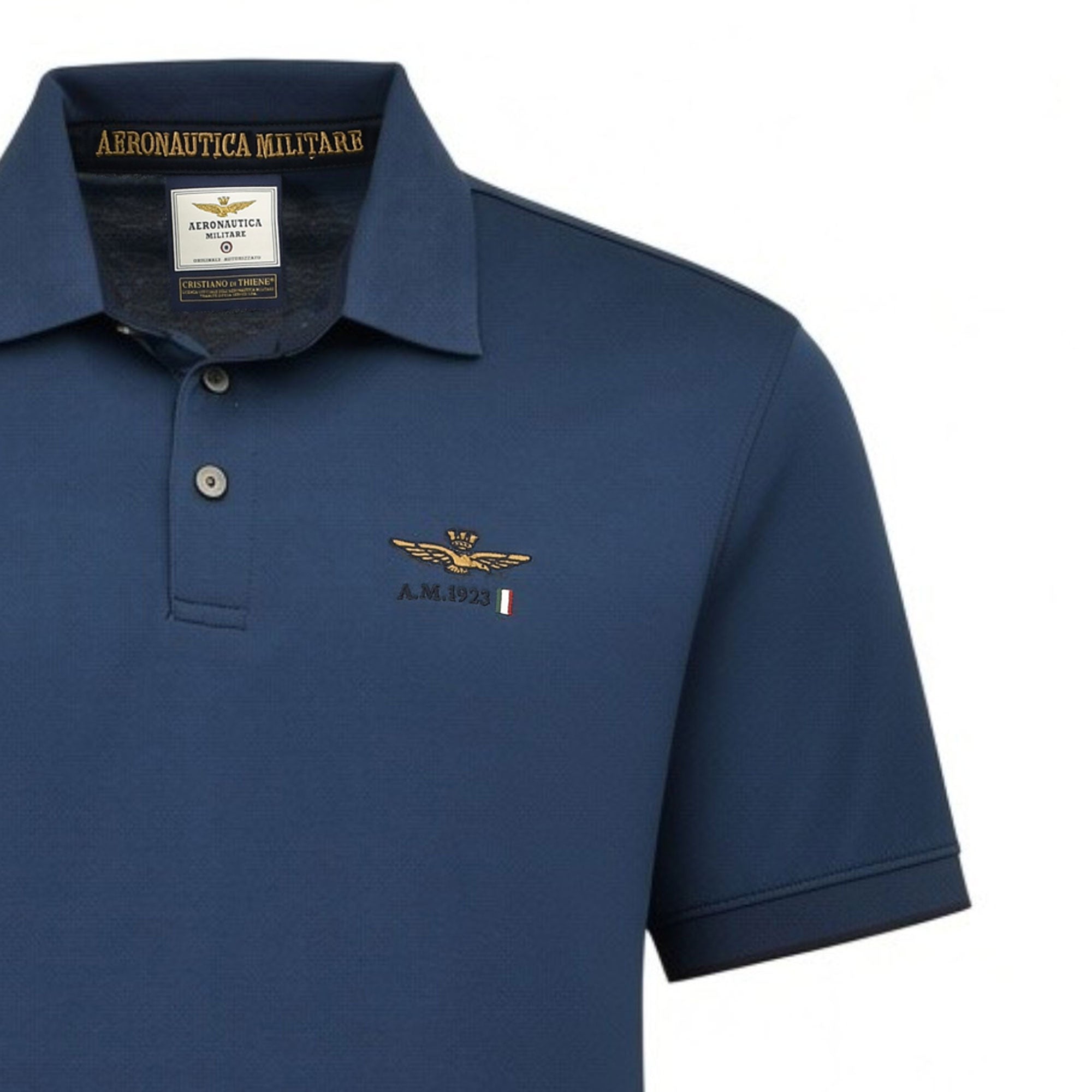 Navy polo shirt with collar, two-button placket, ribbed cuffs. Gold-toned winged emblem with 'A.M. 1923' and Italian flag.