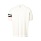 Off-white knit short-sleeve polo, back view. Ribbed collar, cuffs, and hem. Left sleeve has dark green, light gray, and dark