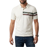 Off-white short-sleeved men's polo shirt with a collared neckline, three-button placket, and a horizontal striped panel in gr
