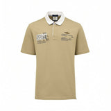 Khaki short-sleeved polo shirt with a white collar, two-button placket, and white stitching. Features military-themed graphic