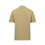 Savannah khaki short-sleeved polo shirt with a white collar and a thin dark stripe at the back of the neck.