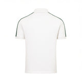 Off-white short-sleeved polo shirt, back view, with a ribbed collar and dark green stripes on each sleeve.