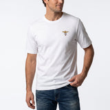 Off-white men's short-sleeved T-shirt with a ribbed crew neck and a small gold-toned winged emblem on the left chest.