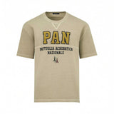 Beige short-sleeved crew neck t-shirt with 'PAN' in gold-toned letters, 'PATTUGLIA ACROBATICA NAZIONALE' in black, and three