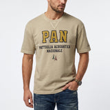 Light beige crew neck T-shirt with 'PAN PATTUGLIA ACROBATICA NAZIONALE' graphic print and small aircraft motif.