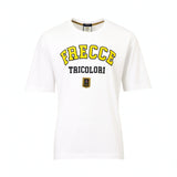 Off-white short-sleeved crew neck t-shirt with 'FRECCE' in arched yellow letters, 'TRICOLORI' in black, and a gold-toned shie