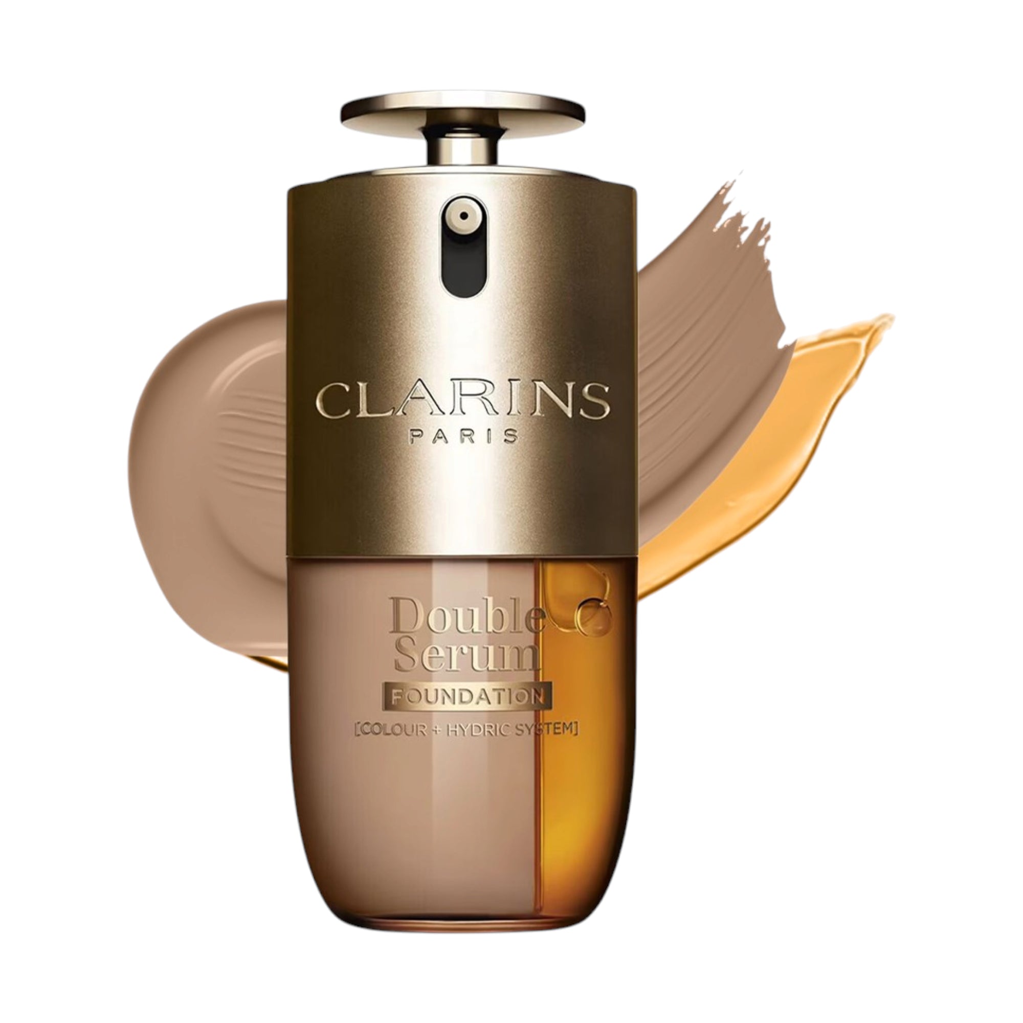Clarins Double Serum Foundation in a gold-toned bottle with a clear base showing separate beige and amber liquid layers.