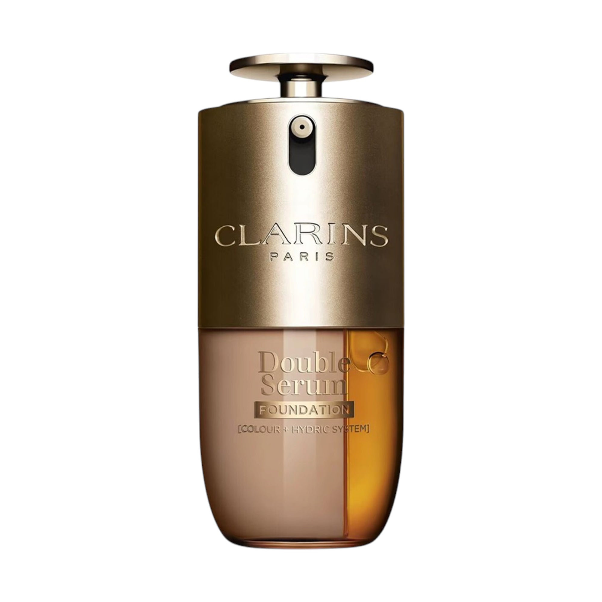 Clarins Double Serum Foundation bottle with gold-toned cap and clear base showing beige and amber liquids.