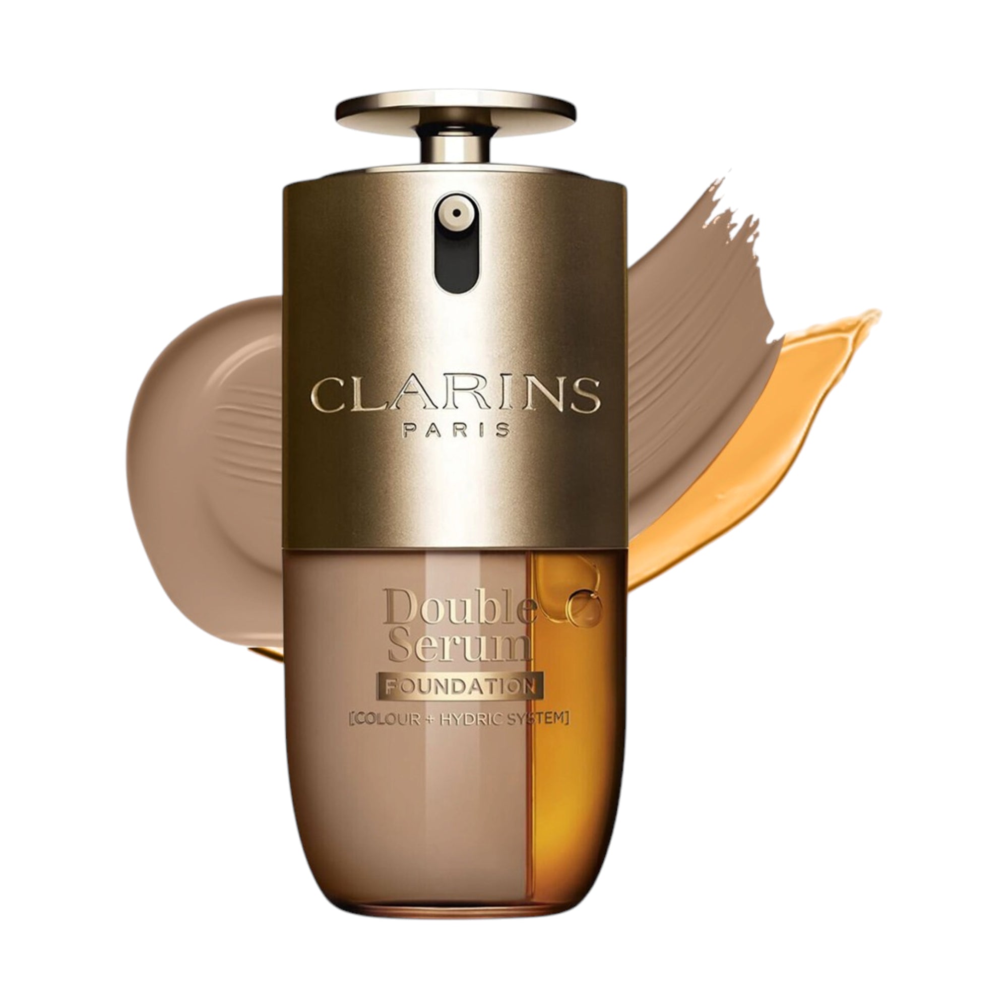 Clarins Double Serum Foundation with a gold-toned pump top. Split vertically, light brown and translucent amber.