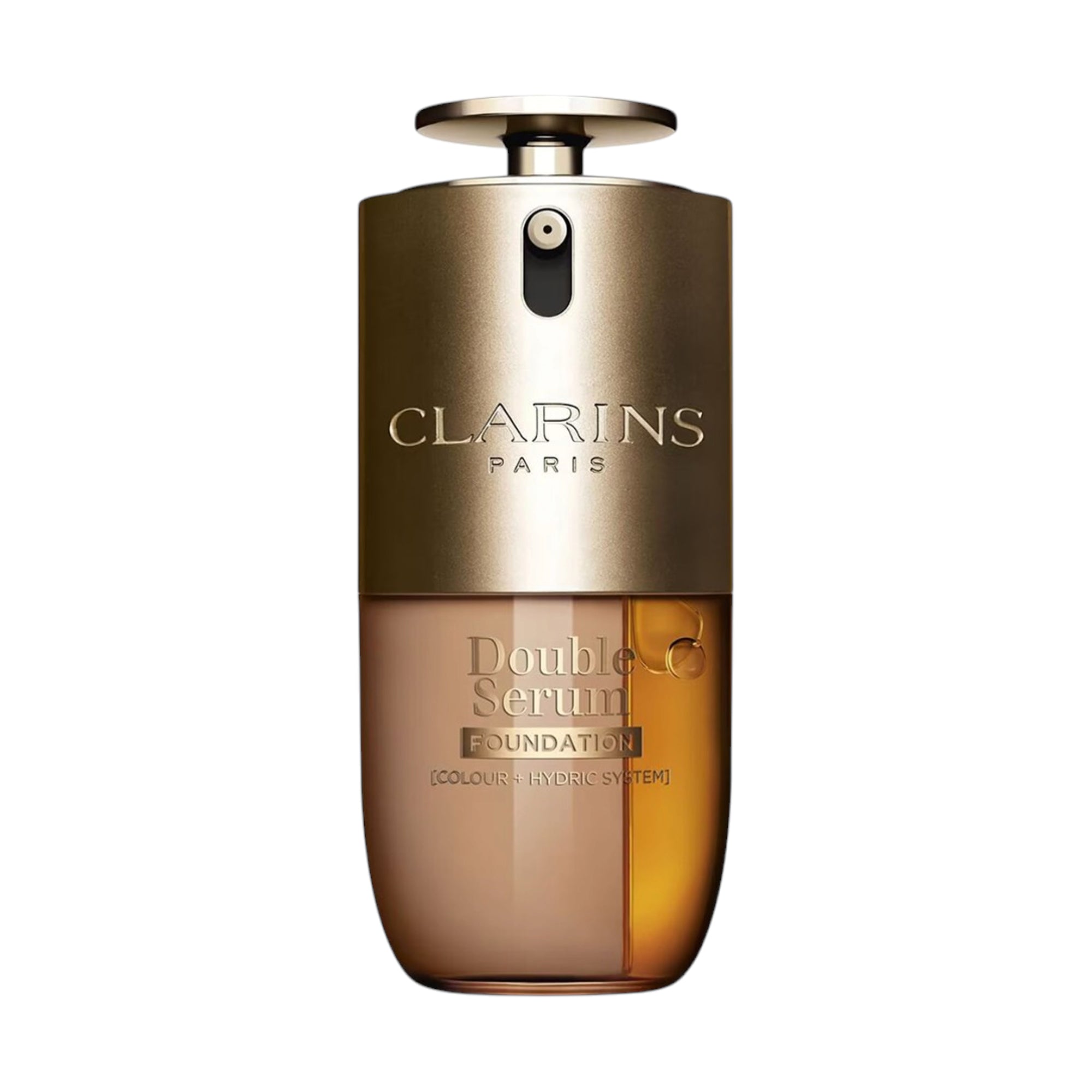 Clarins Double Serum Foundation bottle with a gold-toned top and clear lower body containing light beige foundation and amber