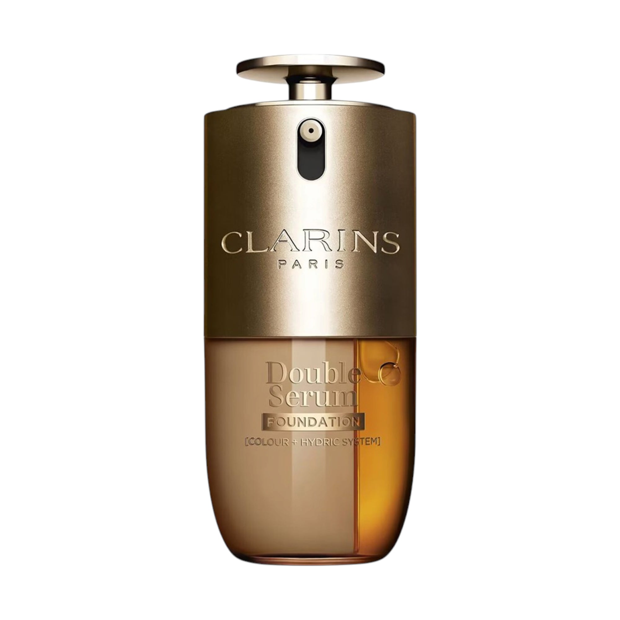 Gold-toned Clarins Double Serum Foundation bottle with a transparent lower section revealing beige and amber liquids.