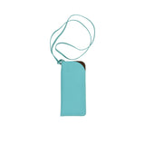A slim, vertical yellow leather glasses pouch by MUNI with a matching thin neck strap, shown against a white background.