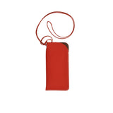 A slim, vertical yellow leather glasses pouch by MUNI with a matching thin neck strap, shown against a white background.