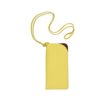 A slim, vertical yellow leather glasses pouch by MUNI with a matching thin neck strap, shown against a white background.