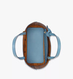 MCM Himmel Ladies Shopper in Embossed Logo Leather, Blue Heaven, Mini