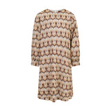 Missoni Kids long-sleeved knit dress in brown, beige, and orange abstract pattern with a round neckline and gathered cuffs.