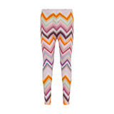 Ivory knit leggings with multicolor chevron stripes in orange, pink, green, purple, and blue. 'MISSONI' logo on right thigh.