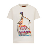 Ivory short-sleeved T-shirt with a colourful embroidered graphic of a stylised figure and zigzag pattern.