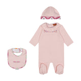 Pink baby sleepsuit set with matching hat and bib, featuring a ruffled collar and colourful Missoni logo.