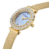Three-quarter studio perspective showing the thickness of the mesh strap, the depth of the diamond-encrusted bezel clusters, and the deployment link section.
