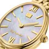 A macro high-detail close-up shot of the Guy Laroche Lauren dial face, highlighting the natural pink and blue iridescent shifts of the white Mother of Pearl, the gold-plated hands, and the crisp "Guy Laroche" cursive branding.