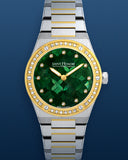 Detailed close-up perspective focusing on the gold-plated bezel set with diamonds, the geometric mosaic layout of the mother-of-pearl dial, and the faceted hands.