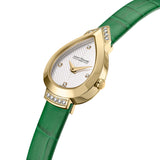Close-up profile view focusing on the leaf-shaped gold hands, the inset diamonds on the upper chevron lug, and the low-profile crown against the finely textured white dial.