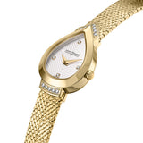 Close-up profile view focusing on the leaf-shaped gold hands, the inset diamonds on the upper chevron lug, and the low-profile crown.