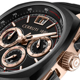 A detailed close-up macro view of the round matte black Cuneo dial, accentuating the rose gold chronograph subdials, white hands, red-tipped seconds hand, and the big date window at 12 o'clock.