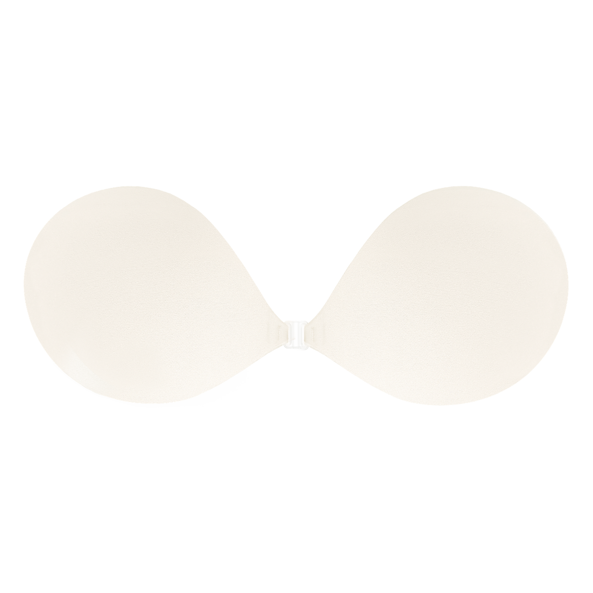 Light beige padded sticky bra with two teardrop-shaped cups and a clear plastic front clasp closure.