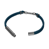 Focused view of the integrated, sleek ion-plated gunmetal stainless steel magnetic lock closure mechanism on the Sandro braided leather bracelet.